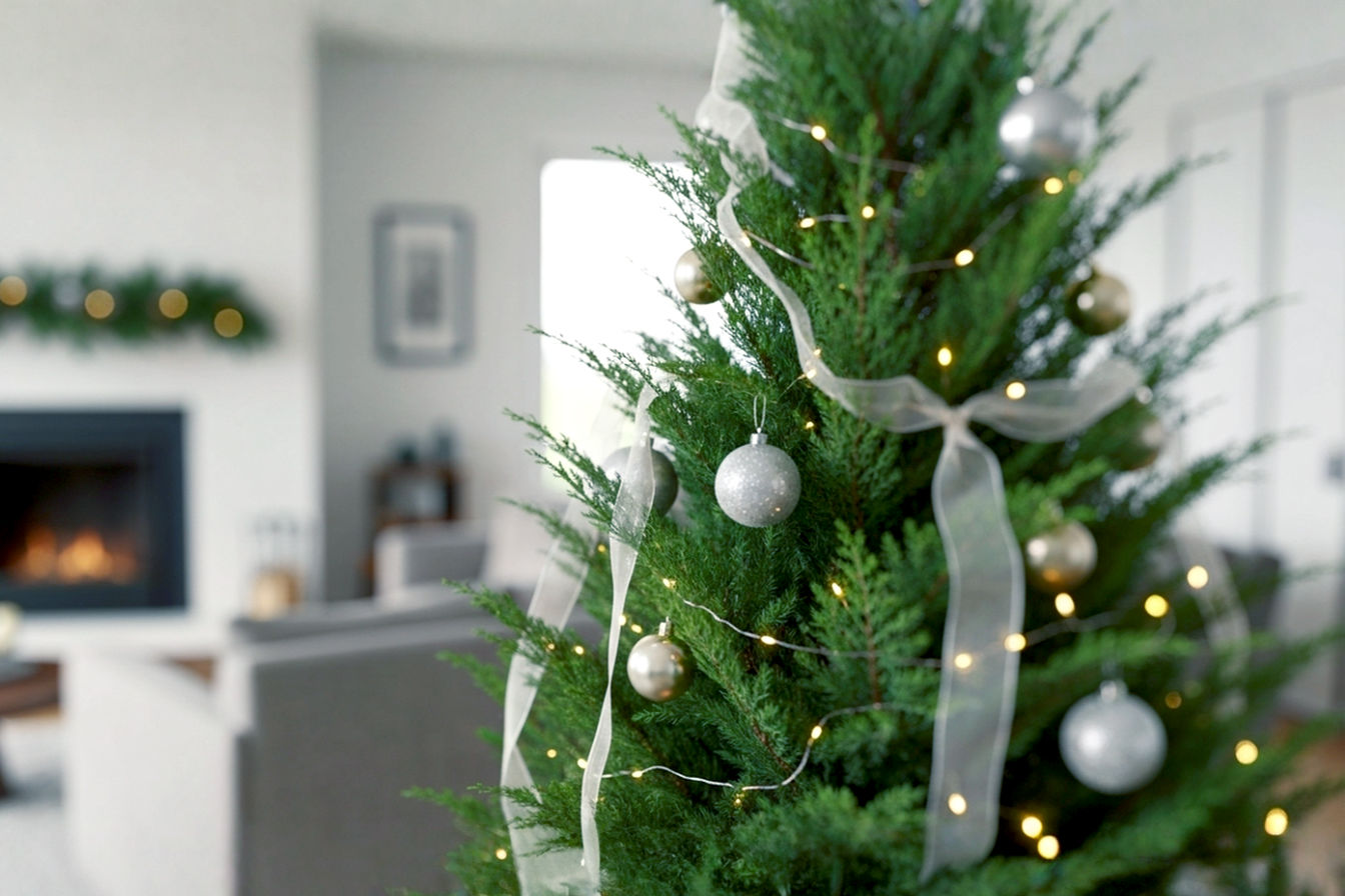 PRO PHOTOGRAPHY, highly detailed, lifelike, natural lighting: A beautifully decorated Leyland Cypress Christmas tree, standing elegantly in a cozy, modern living room. The tree has soft, feathery green foliage and is adorned with delicate, lightweight silver and gold ornaments, subtle warm white fairy lights, and sheer ribbons. Focus on the tree's unique, slender silhouette and the texture of its branches. The background is softly blurred, showing hints of a fireplace and comfortable furniture, creating a warm, inviting, and sophisticated holiday atmosphere. The lighting is soft and diffused, emphasizing the tree's natural beauty and the sparkle of its decorations. The mood is serene, elegant, and festive. Core theme: A unique, elegant, and sophisticated Christmas tree choice