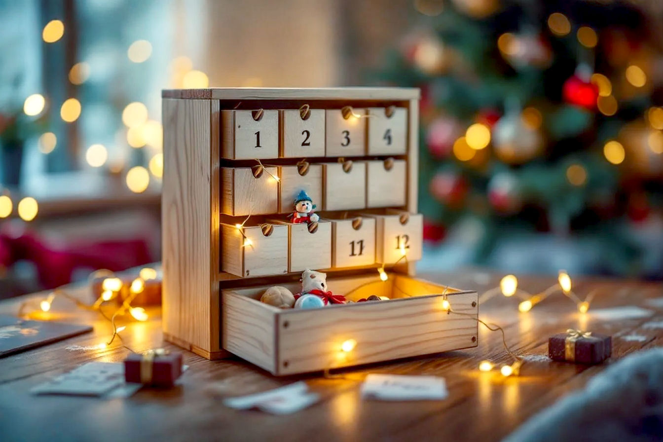 A lifelike, professional photograph of a beautifully crafted DIY Advent calendar box, made primarily from natural wood with small, numbered drawers. The calendar is open, revealing a few small, delightful surprises like a miniature toy, a tiny wrapped chocolate, and a handwritten note. It is placed on a rustic wooden table, softly lit by warm, inviting string lights and a blurred background of a cozy, decorated living room with a Christmas tree. The composition is close-up, focusing on the intricate details of the calendar and the anticipation of the opened drawers. The mood is warm, festive, and evokes a sense of handmade charm and holiday magic. High-resolution, pro photography style.