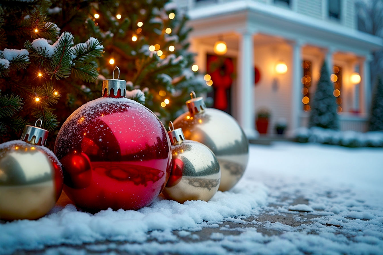 A professional, lifelike wide-angle photograph capturing a luxurious outdoor holiday display. The central focus is a cluster of three to five extra-large Christmas balls, approximately 24-36 inches in diameter, in varying finishes – one glossy red, one matte gold, and one sparkling silver. They are artfully arranged at the base of a grand, snow-dusted evergreen tree or a stately front porch, surrounded by softly glowing warm white string lights. The background shows a tastefully decorated home exterior or a subtly lit winter garden, implying a cozy yet opulent holiday atmosphere. The lighting is magical and festive, with soft, diffused light highlighting the baubles' textures and a subtle bokeh effect in the background. The mood is elegant, grand, and inviting. High-resolution, professional photography style, sharp focus on the ornaments.
