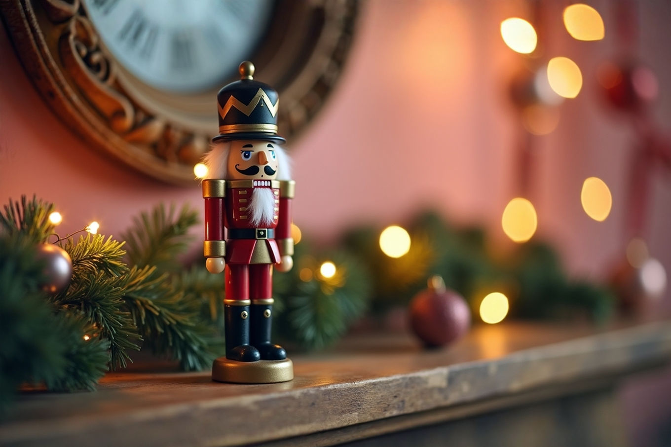 Lifelike pro photography style image: A beautifully crafted, traditional German nutcracker doll (soldier or king type) standing proudly on a rustic wooden mantelpiece adorned with subtle, soft-focus Christmas greenery and warm, glowing fairy lights in the background. The lighting should be soft, warm, and inviting, creating a cozy, nostalgic atmosphere. Emphasize the intricate details of the nutcracker's uniform and facial expression, with a shallow depth of field to make the doll the clear focal point. Include subtle textures of wood and fabric. The overall mood should be one of timeless tradition, warmth, and holiday magic.