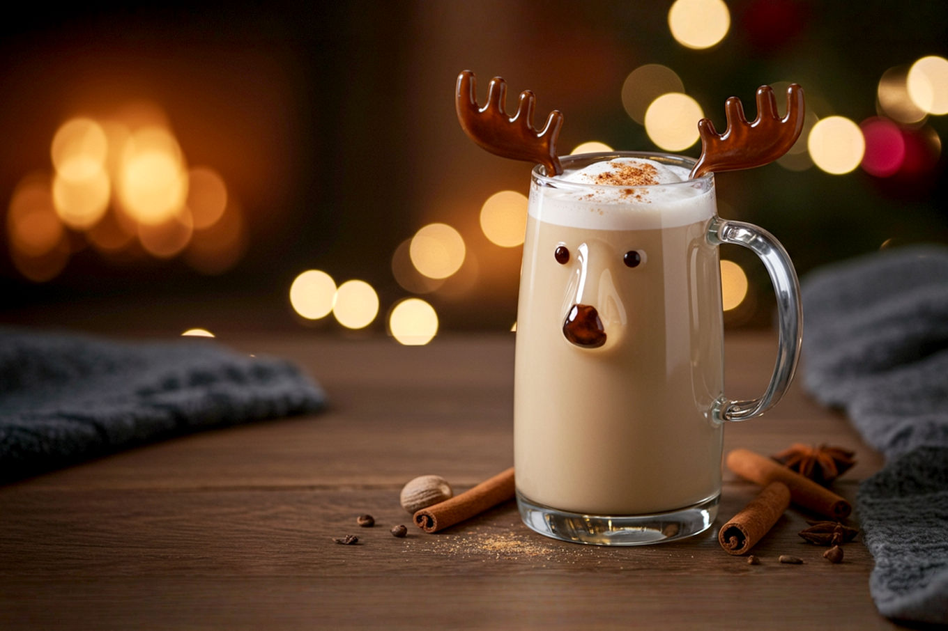 Lifelike professional photography of a clear glass moose mug, filled with frothy eggnog, garnished with a sprinkle of nutmeg and a cinnamon stick. The mug is placed on a rustic wooden table, softly lit by the warm glow of out-of-focus Christmas tree lights and a cozy fireplace in the background. The scene should evoke a warm, festive, and inviting holiday atmosphere. The focus is sharp on the mug and drink, with a shallow depth of field. High-resolution, cinematic quality.