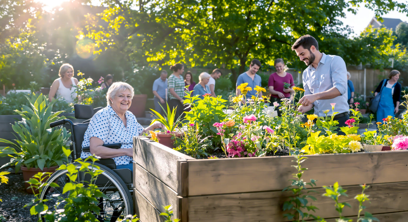 Hyper-realistic photograph, Country Life magazine style. A diverse group of people are cheerfully tending to a vibrant, accessible community garden in a British city. In the foreground, an older woman in a wheelchair and a young man work together at a raised wooden flower bed. Soft, morning sunlight filters through nearby trees, illuminating the scene with a warm, hopeful glow. The mood is calm, collaborative, and uplifting.