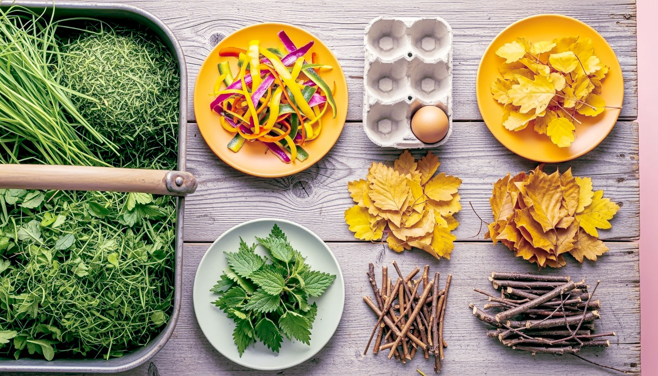 A beautifully composed flat-lay photograph, in the style of a Country Living magazine feature. The shot displays the key ingredients for hot composting on a weathered wooden tabletop. On the left, a rustic garden trug overflows with vibrant "greens": fresh grass clippings, colourful vegetable peelings, and nettle leaves. On the right is a neat pile of "browns": torn-up cardboard egg boxes, crisp golden-brown autumn leaves, and small twigs. The lighting is soft and natural, as if from a nearby potting shed window, highlighting the rich textures and colours. The mood is organised, educational, and wholesome.