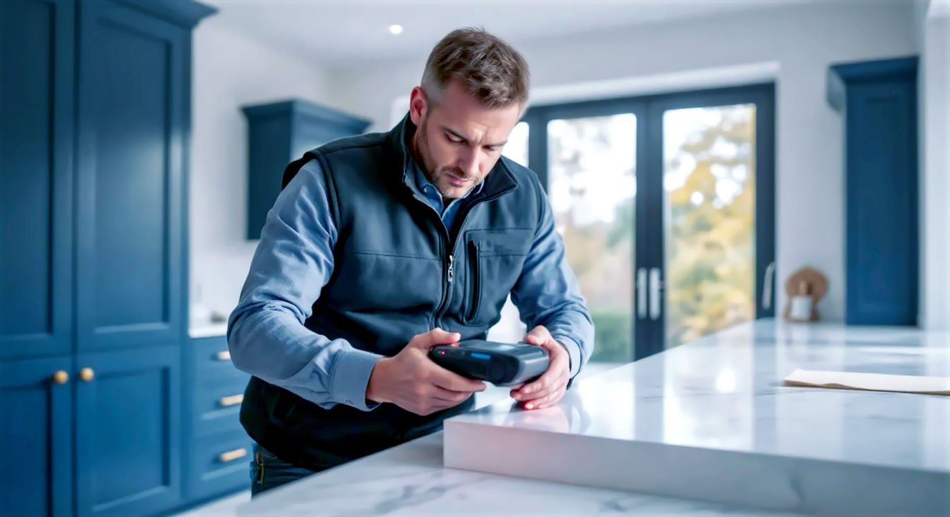 A hyper-realistic, professional photograph in the style of a feature in a home renovation magazine. The image captures a male worktop templater in his early 40s, focused and professional, wearing a branded fleece gilet over a collared shirt. He is holding a sophisticated digital laser templating device, which projects a small red dot onto the corner of a newly installed set of navy blue shaker-style kitchen cabinets. The shot is an engaging medium close-up, showing the detail of the device and his concentrated expression. The kitchen is clean and prepped for the worktop, with protective sheets on the floor. The lighting is bright and natural, flooding in from a set of bifold doors in the background, creating a sense of precision and high-tech accuracy. The overall mood is one of meticulous planning, expertise, and trust.