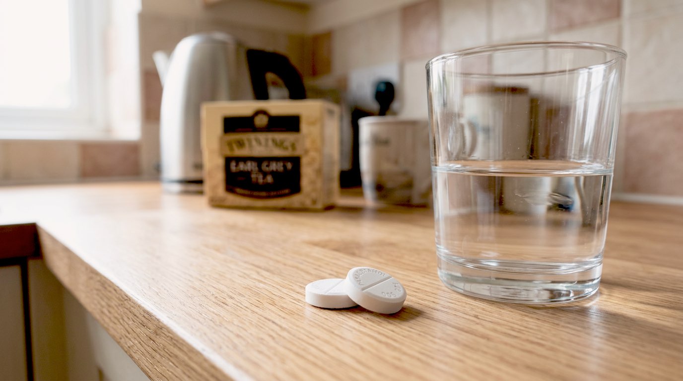 A high-quality, professional macro photograph of two white paracetamol tablets resting on a clean, wooden kitchen counter next to a half-filled glass of water. In the background, softly out of focus, is a typical British domestic scene—a kettle and a box of Earl Grey tea. The lighting is bright and natural, coming from a nearby window, creating a clean, trustworthy, and clinical yet homely atmosphere. 8k resolution, cinematic depth of field.
