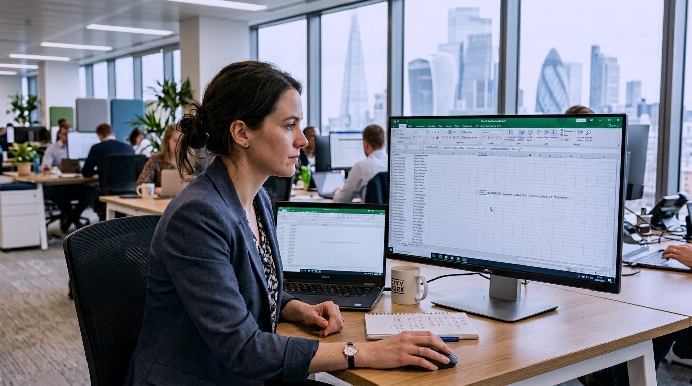 A realistic professional photograph of a British office worker analysing an Excel spreadsheet on a laptop and external monitor, with visible rows of repeated customer names and formula bars showing XLOOKUP and FILTER, modern UK office setting, natural daylight through large windows, subtle London business district feel, documentary photography style, shallow depth of field, crisp focus on screen and hands, neutral corporate colours, calm analytical mood, high detail, editorial quality composition.