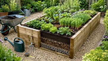 A well-planned timber raised garden bed showing correct width, soil depth, drainage and accessible paths for growing vegetables in a home garden.