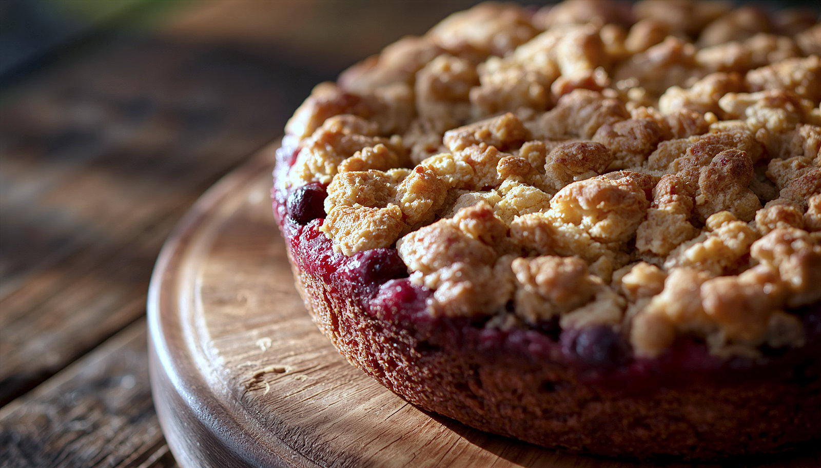 Close-up of a tasty homemade berry crumble cake on a wooden surface, perfect for desserts, photography