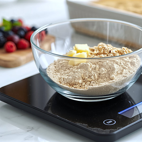 A close-up of a sleek, black digital kitchen scale resting on a bright kitchen counter. On the scale sits a glass mixing bowl partially filled with a rustic, clumpy mixture of flour, oats, and cubed butter. The scale's digital display is clearly illuminated. In the softly blurred background, a handful of fresh berries and a ceramic baking dish wait to be filled, setting a warm, inviting baking scene.