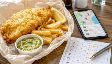 Freshly cooked fish and chips beside a checklist for comparing hygiene ratings, reviews, prices, allergens and first orders.