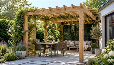 Timber pergola with climbing plants over a garden dining and seating area beside a modern home.