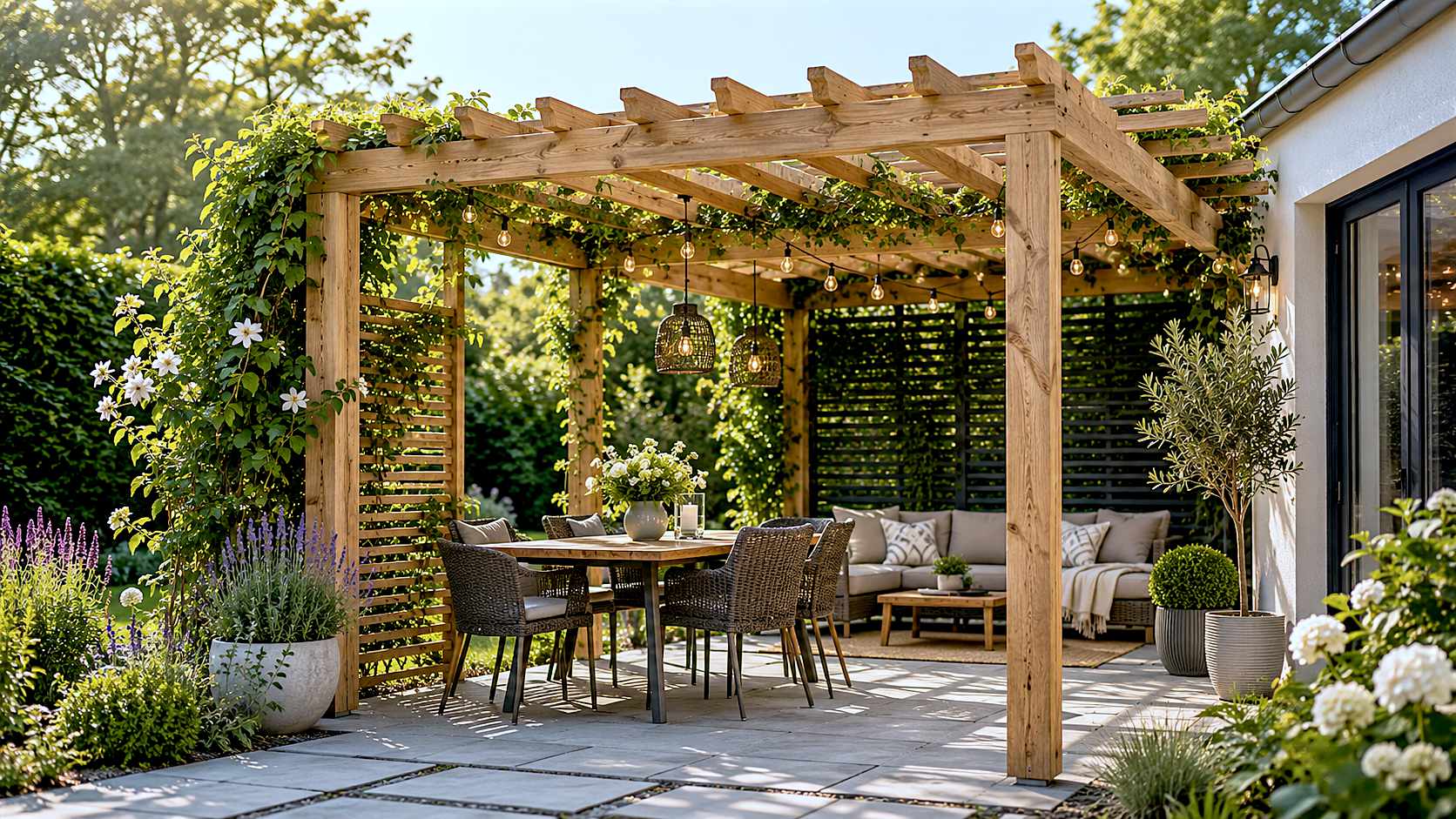 Timber pergola with climbing plants over a garden dining and seating area beside a modern home.
