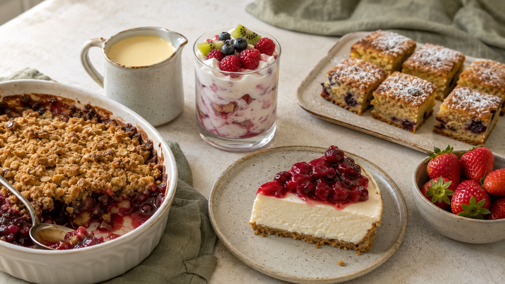 Homemade fruit crumble, cheesecake, fruit fool, custard and traybake desserts on a kitchen table.
