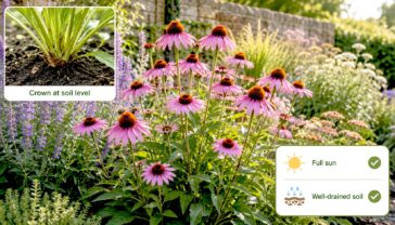 A UK border in late summer with echinacea in flower, plus small inset details showing the crown at soil level and a simple sun-and-drainage checklist.