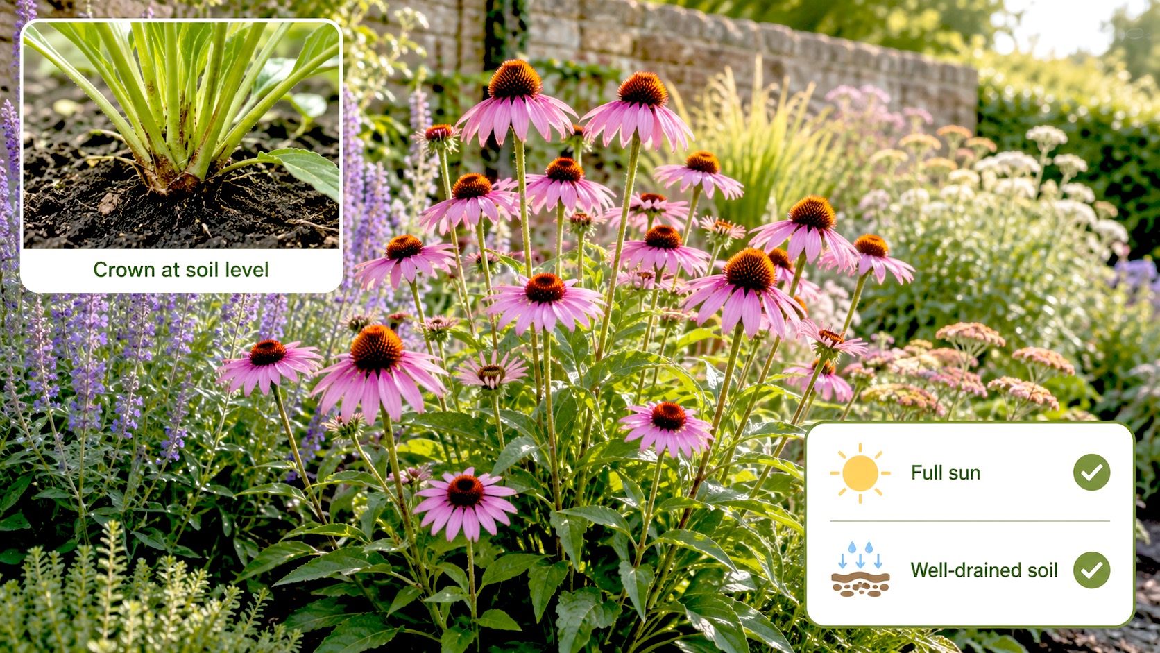 A UK border in late summer with echinacea in flower, plus small inset details showing the crown at soil level and a simple sun-and-drainage checklist.