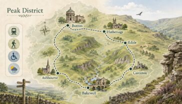 A simple illustrated first-trip map connecting Bakewell, Castleton, Edale, Hathersage, Buxton and Ashbourne, with icons for rail, walking, accessible routes and a weather backup.