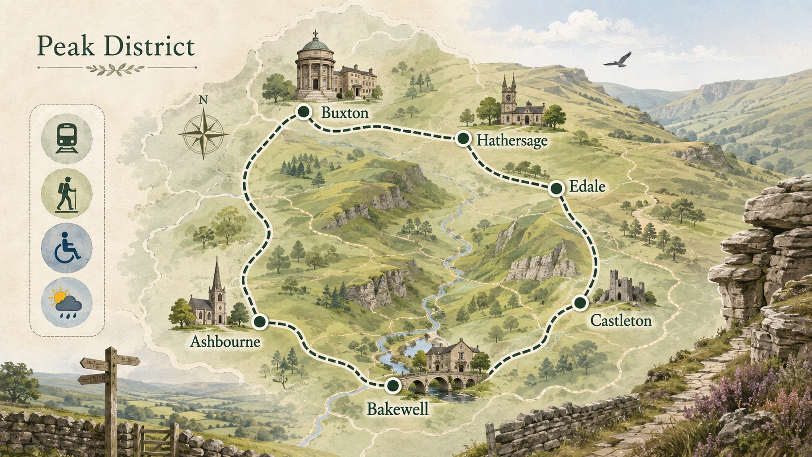 A simple illustrated first-trip map connecting Bakewell, Castleton, Edale, Hathersage, Buxton and Ashbourne, with icons for rail, walking, accessible routes and a weather backup.