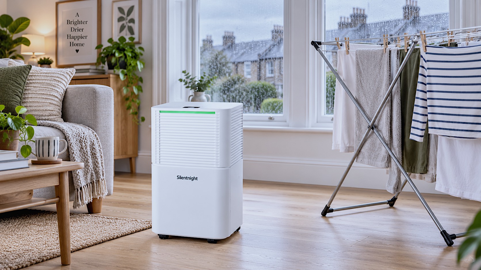 brightly lit photograph of the white Silentnight Airmax 1200 dehumidifier sitting on a light oak floor in a modern British living room. Next to it is a drying rack full of clean laundry. Large sash windows in the background reveal a rainy, grey UK day outside, but the glass inside is completely clear of condensation.