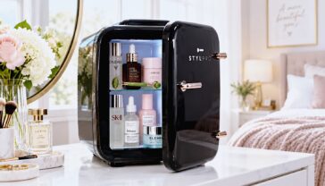 lifestyle photograph of the black StylPro beauty fridge sitting open on a modern white bedroom vanity table. Inside, high-end skincare serums and a jade roller are neatly arranged. Natural, soft morning light filters through a nearby window, highlighting the sleek rose-gold door handle.