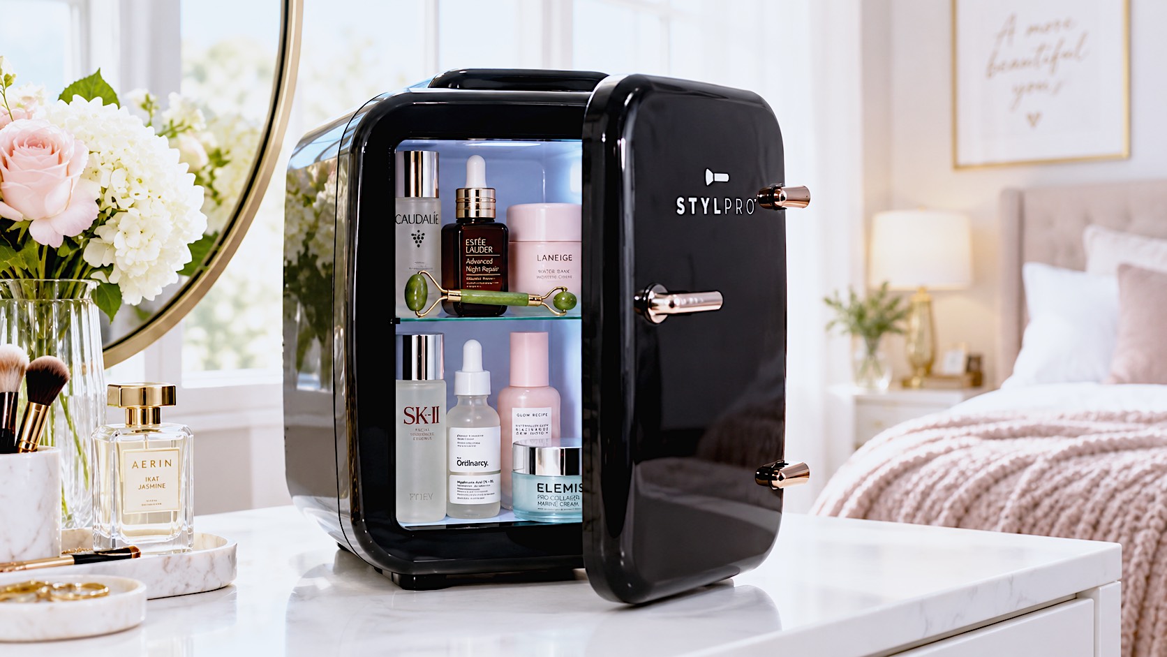 lifestyle photograph of the black StylPro beauty fridge sitting open on a modern white bedroom vanity table. Inside, high-end skincare serums and a jade roller are neatly arranged. Natural, soft morning light filters through a nearby window, highlighting the sleek rose-gold door handle.