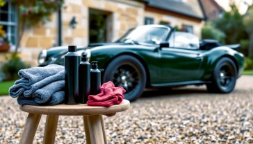 A hyper-realistic, professional photograph in the style of an Autocar magazine feature. In the foreground, a collection of premium car cleaning products—sleek black bottles, a plush red wash mitt, and neatly folded grey microfibre towels—are artfully arranged on a low wooden stool. In the background, a glossy, dark British racing green sports car is parked on a gravel driveway in front of a classic, honey-coloured Cotswold stone house. The scene is shot on a bright but overcast British day, with soft, diffused light creating gentle reflections on the car’s perfectly polished bonnet. The mood is one of quiet satisfaction, precision, and quintessential British quality.