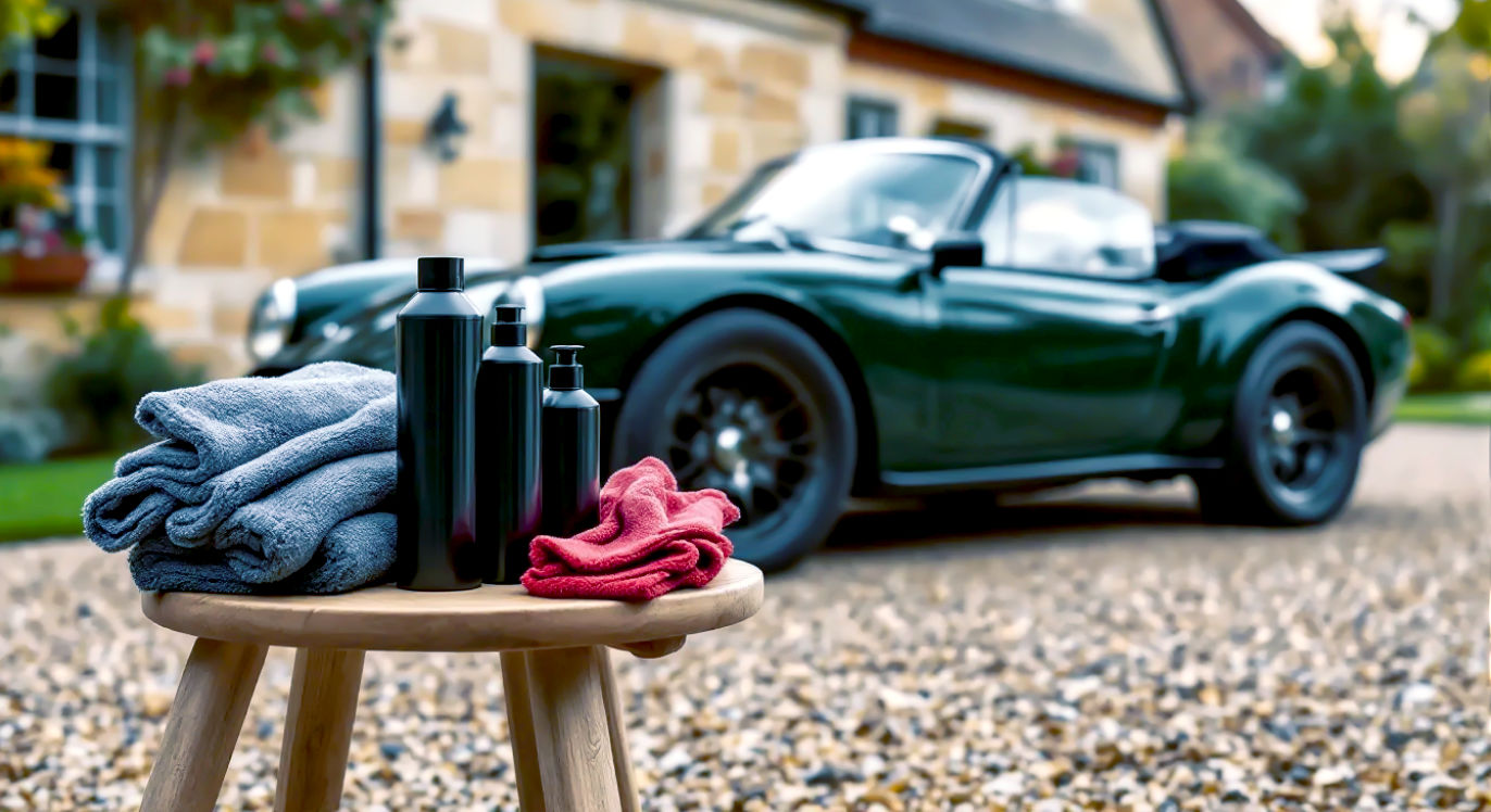 A hyper-realistic, professional photograph in the style of an Autocar magazine feature. In the foreground, a collection of premium car cleaning products—sleek black bottles, a plush red wash mitt, and neatly folded grey microfibre towels—are artfully arranged on a low wooden stool. In the background, a glossy, dark British racing green sports car is parked on a gravel driveway in front of a classic, honey-coloured Cotswold stone house. The scene is shot on a bright but overcast British day, with soft, diffused light creating gentle reflections on the car’s perfectly polished bonnet. The mood is one of quiet satisfaction, precision, and quintessential British quality.