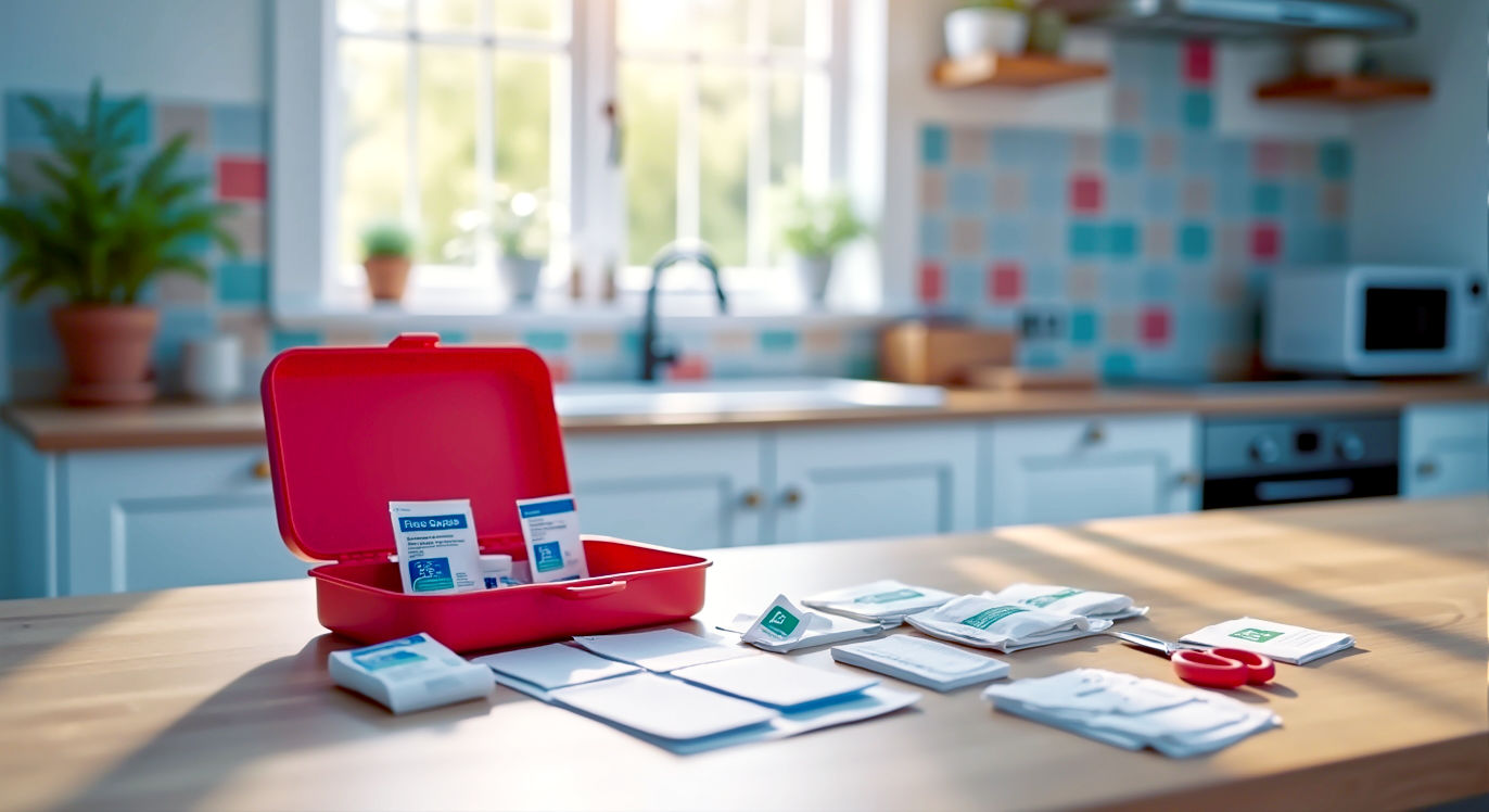 Hyper-realistic, professional photograph in the style of a Good Housekeeping feature. An open, modern first aid box sits on a light oak kitchen table, its contents neatly organised beside it. The shot includes a variety of plasters, sterile dressings, antiseptic wipes, blunt-ended scissors, and nitrile gloves. Soft, natural light streams in from a nearby window, illuminating the scene with a calm, reassuring glow. The background is slightly out of focus, showing a clean, contemporary British kitchen. The overall mood is one of preparedness, safety, and quiet competence.