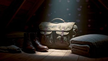 A hyper-realistic photograph in the style of a classic documentary feature. In a dusty, atmospheric British attic, a single beam of soft sunlight illuminates a vintage, olive-green canvas military kit bag from the 1940s. The bag is sitting on an old wooden floor, showing signs of authentic wear and tear with faded stencilled lettering (a name and number). Next to it lies a pair of old, polished leather boots and a neatly folded, coarse wool blanket, evoking a sense of history, memory, and service. The overall mood is nostalgic, poignant, and deeply British.