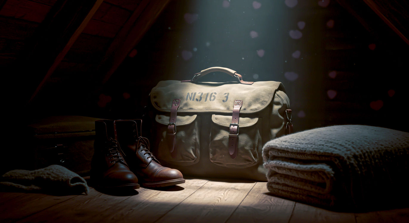 A hyper-realistic photograph in the style of a classic documentary feature. In a dusty, atmospheric British attic, a single beam of soft sunlight illuminates a vintage, olive-green canvas military kit bag from the 1940s. The bag is sitting on an old wooden floor, showing signs of authentic wear and tear with faded stencilled lettering (a name and number). Next to it lies a pair of old, polished leather boots and a neatly folded, coarse wool blanket, evoking a sense of history, memory, and service. The overall mood is nostalgic, poignant, and deeply British.