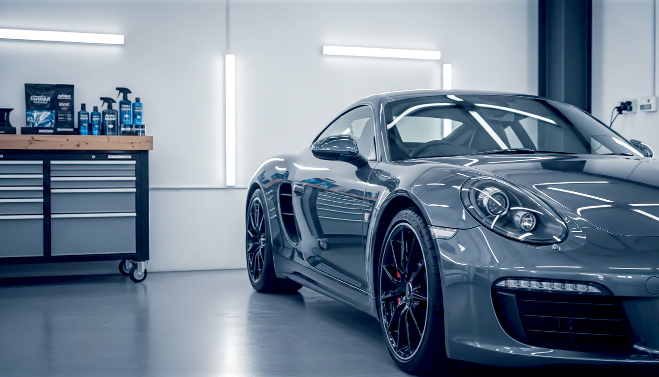 A hyper-realistic, professional photograph in the style of an Evo magazine feature. A sleek, dark grey sports car (like an Aston Martin Vantage) is parked in a modern, well-lit British garage. To the side, on a pristine workbench, is a neatly arranged selection of premium car care products from brands like Autoglym, Gtechniq, and Bilt Hamber. The lighting is bright but soft, highlighting the car's flawless, glossy paintwork, which reflects the overhead lights perfectly. The mood is one of precision, quality, and pride in ownership.