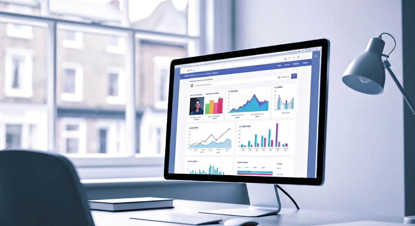 A hyper-realistic, professional photograph showing a sleek, modern home office desk in the UK. On a large, crisp monitor, a website is displayed with a vibrant, colourful SEO toolbar overlay showing data graphs and metrics. The background is softly blurred, showing a window with a typical British street scene. The lighting is bright and natural, creating a mood of productivity, clarity, and digital expertise.