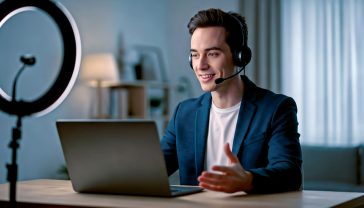 A hyper-realistic, professional photograph in the style of a modern tech publication. A friendly and approachable British person in their 30s is sitting at a clean, minimalist desk in a bright, modern home office with a soft, out-of-focus background. They are smiling warmly at their laptop camera, wearing a headset with a microphone, and gesturing naturally as if in mid-conversation. The lighting is soft and flattering, coming from a ring light just out of shot, creating a professional and engaging mood that captures the essence of a perfect webinar setup. The overall aesthetic is clean, trustworthy, and expert.