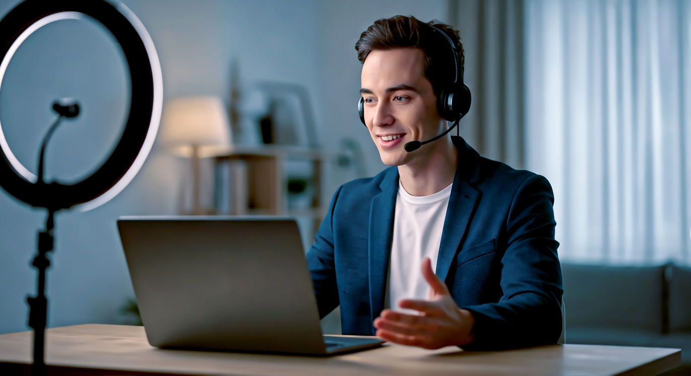 A hyper-realistic, professional photograph in the style of a modern tech publication. A friendly and approachable British person in their 30s is sitting at a clean, minimalist desk in a bright, modern home office with a soft, out-of-focus background. They are smiling warmly at their laptop camera, wearing a headset with a microphone, and gesturing naturally as if in mid-conversation. The lighting is soft and flattering, coming from a ring light just out of shot, creating a professional and engaging mood that captures the essence of a perfect webinar setup. The overall aesthetic is clean, trustworthy, and expert.