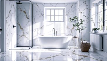Hyper-realistic, professional interior photograph of a bright, contemporary British bathroom. A freestanding bath sits on a floor of large-format Calacatta marble tiles, with dramatic grey veining. The same marble is used on the wall behind the bath. A Crittall-style shower screen is visible. Soft, natural light streams in from a sash window, highlighting the texture of the marble. The mood is serene, luxurious, and clean. In the style of a feature in Elle Decoration.
