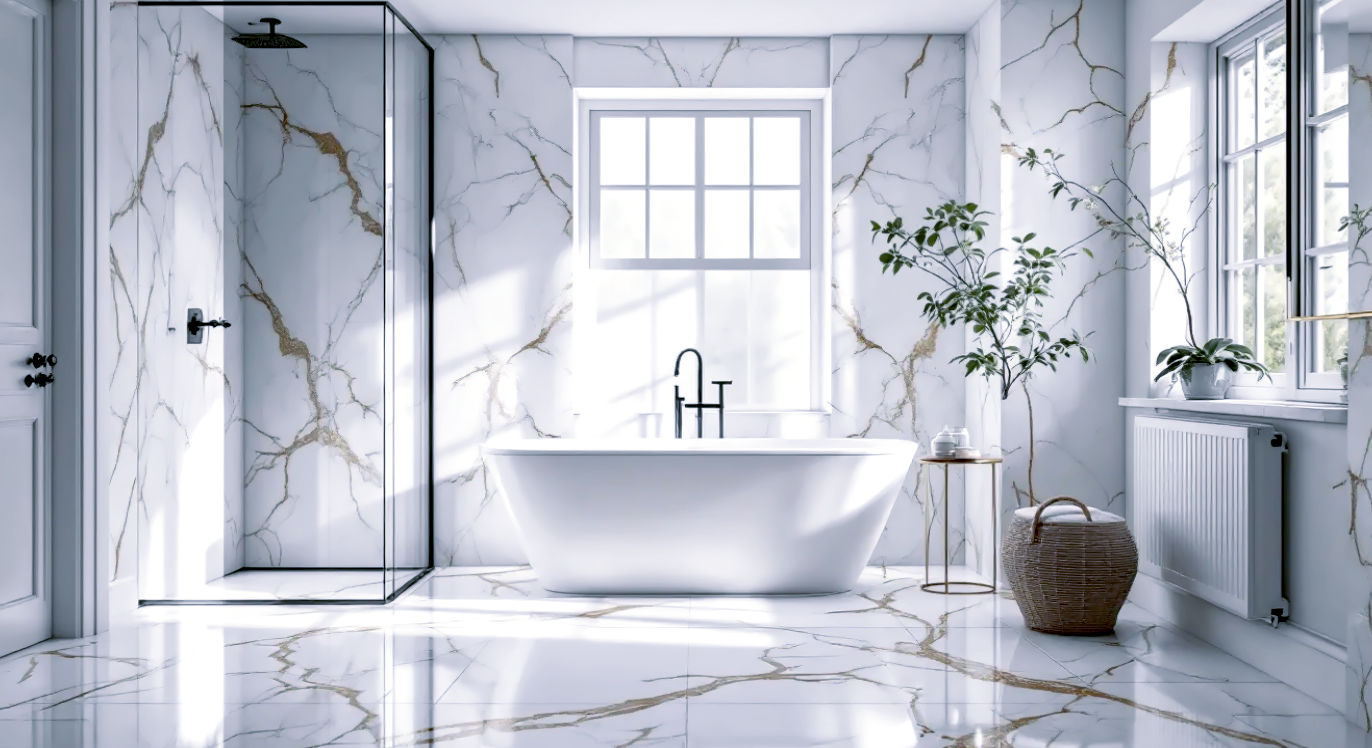 Hyper-realistic, professional interior photograph of a bright, contemporary British bathroom. A freestanding bath sits on a floor of large-format Calacatta marble tiles, with dramatic grey veining. The same marble is used on the wall behind the bath. A Crittall-style shower screen is visible. Soft, natural light streams in from a sash window, highlighting the texture of the marble. The mood is serene, luxurious, and clean. In the style of a feature in Elle Decoration.