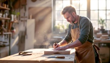 A hyper-realistic, professional photograph in the style of a Toast or Neptune home-goods catalogue. A bright, airy British workshop with reclaimed timber walls and a clean concrete floor. A woodworker in their late 30s, wearing a stylish canvas apron over a simple jumper, is focused on carefully marking a dovetail joint on a piece of English ash. Golden morning light streams through a large Crittall-style window, illuminating floating motes of sawdust. On the sturdy workbench are a few high-quality hand tools, including a brass-backed saw and a marking gauge. The mood is calm, creative, aspirational, and deeply focused.