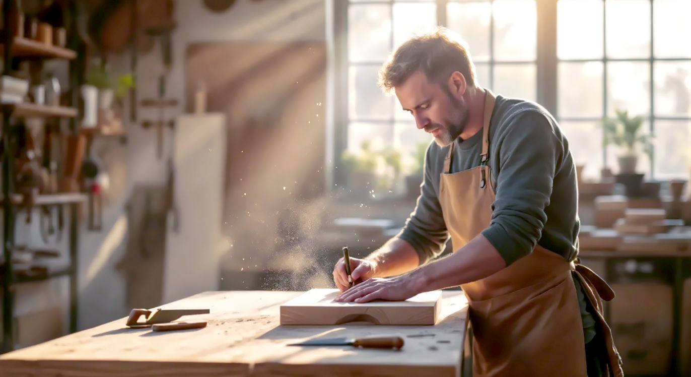 A hyper-realistic, professional photograph in the style of a Toast or Neptune home-goods catalogue. A bright, airy British workshop with reclaimed timber walls and a clean concrete floor. A woodworker in their late 30s, wearing a stylish canvas apron over a simple jumper, is focused on carefully marking a dovetail joint on a piece of English ash. Golden morning light streams through a large Crittall-style window, illuminating floating motes of sawdust. On the sturdy workbench are a few high-quality hand tools, including a brass-backed saw and a marking gauge. The mood is calm, creative, aspirational, and deeply focused.