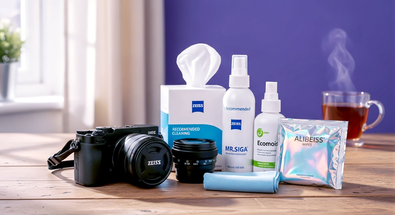 Hyper-realistic, professional photograph of a modern mirrorless camera and lens on a rustic wooden table in a British home. Next to it are the 5 recommended cleaning products neatly arranged: a box of Zeiss wipes, a Zeiss spray bottle with a MR.SIGA microfiber cloth, an Ecomoist bottle, and a packet of ALIBEISS wipes. Soft, natural light from a nearby window illuminates the scene, highlighting the textures. The mood is clean, professional, and aspirational for a beginner photographer. A steaming mug of tea is subtly placed in the background for a British touch.