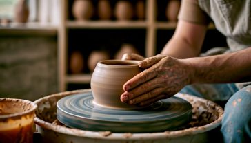 Hyper-realistic, professional photograph in the style of a modern lifestyle magazine. A potter's hands, covered in wet clay, expertly shaping a pot on a spinning wheel. The workshop is rustic and filled with natural light, with finished pots visible on shelves in the soft-focus background. The mood is calm, focused, and celebrates skill. A distinctly British feel, perhaps a hint of a green countryside visible through a window.
