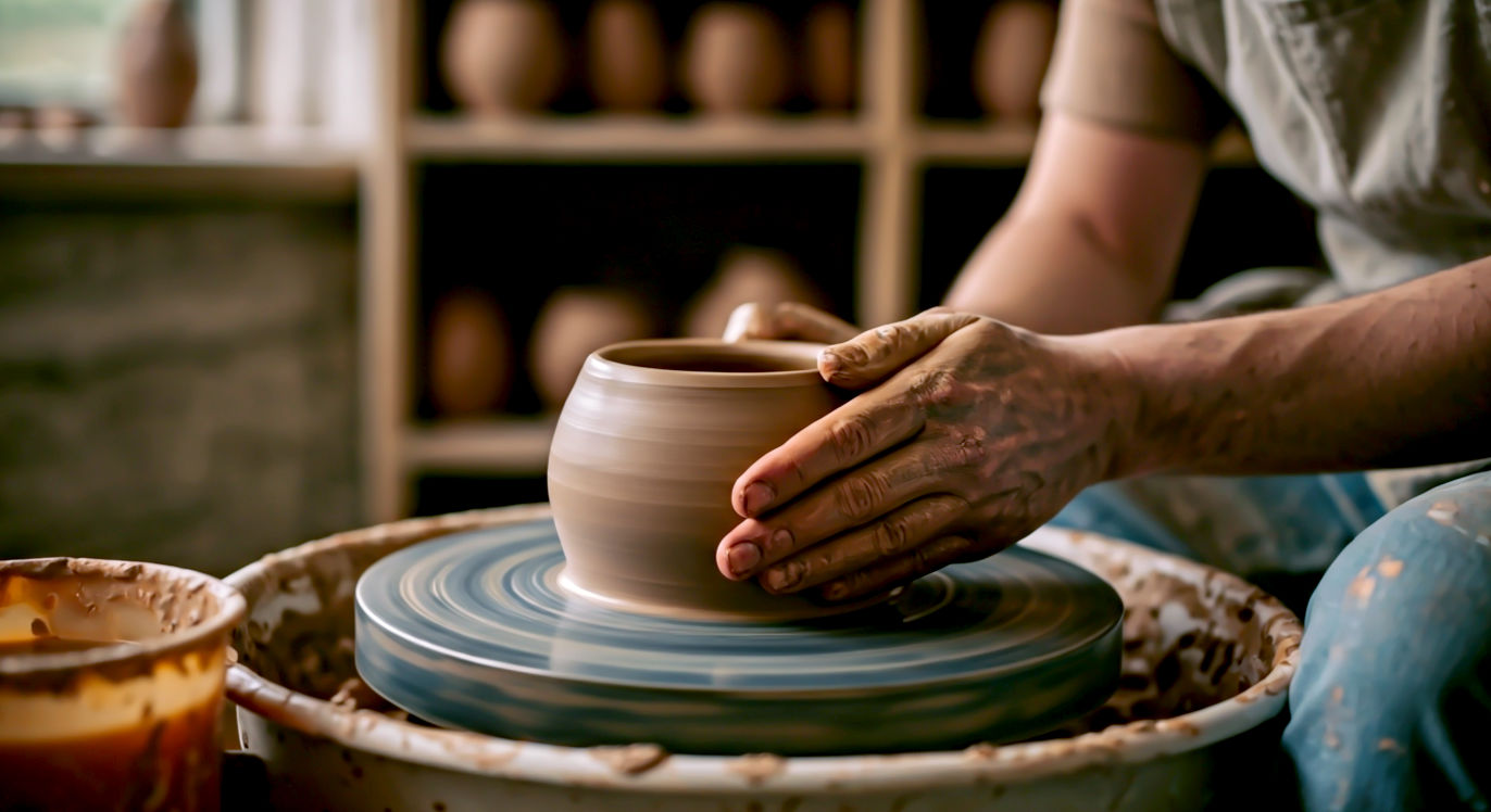 Hyper-realistic, professional photograph in the style of a modern lifestyle magazine. A potter's hands, covered in wet clay, expertly shaping a pot on a spinning wheel. The workshop is rustic and filled with natural light, with finished pots visible on shelves in the soft-focus background. The mood is calm, focused, and celebrates skill. A distinctly British feel, perhaps a hint of a green countryside visible through a window.