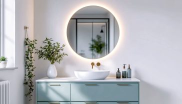 A hyper-realistic, professional photograph in the style of a feature in Livingetc magazine. The image captures a beautifully styled, modern British bathroom. The focal point is a large, round, backlit LED mirror with a thin brass frame, hanging above a sleek vanity unit with sage green drawers and a white countertop basin. The mirror's light casts a soft, inviting halo on the textured, off-white wall behind it. The reflection in the mirror is blurred but hints at a walk-in shower with black-framed glass. The lighting is soft and natural, supplemented by the mirror's glow, creating a calm, aspirational, and spa-like mood.