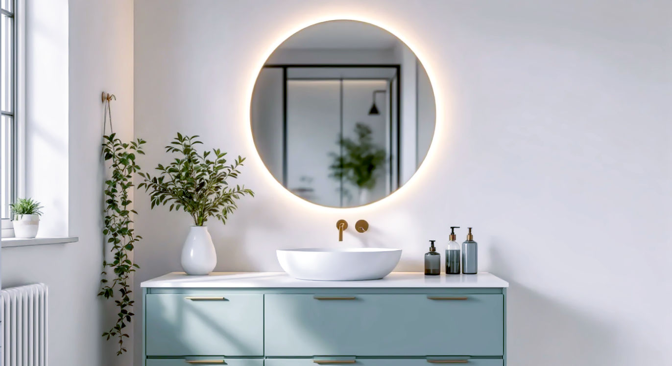 A hyper-realistic, professional photograph in the style of a feature in Livingetc magazine. The image captures a beautifully styled, modern British bathroom. The focal point is a large, round, backlit LED mirror with a thin brass frame, hanging above a sleek vanity unit with sage green drawers and a white countertop basin. The mirror's light casts a soft, inviting halo on the textured, off-white wall behind it. The reflection in the mirror is blurred but hints at a walk-in shower with black-framed glass. The lighting is soft and natural, supplemented by the mirror's glow, creating a calm, aspirational, and spa-like mood.