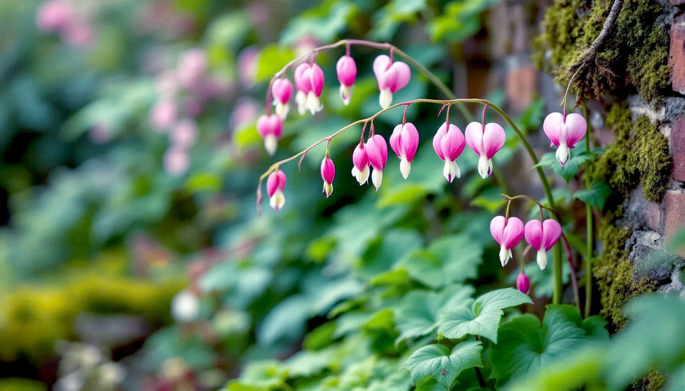 The image captures a lush, mature bleeding heart (dicentra spectabilis) in full bloom, with its graceful, arching stems heavy with perfect pink and white heart-shaped flowers. The plant is situated in a dappled, shady corner of a classic British cottage garden. In the soft-focus background, you can see the textures of other shade-loving plants like hostas and ferns, and a hint of a weathered brick wall with moss. The lighting is soft and diffused, as if on a bright but overcast late spring morning, making the colours pop without harsh shadows. The overall mood is serene, charming, and quintessentially British.