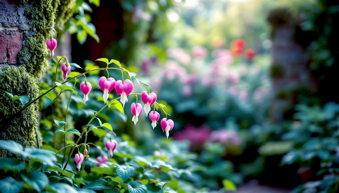The image captures a lush, mature bleeding heart (Lamprocapnos spectabilis) in full bloom, with its graceful, arching stems heavy with perfect pink and white heart-shaped flowers. The plant is situated in a dappled, shady corner of a classic British cottage garden. In the soft-focus background, you can see the textures of other shade-loving plants like hostas and ferns, and a hint of a weathered brick wall with moss. The lighting is soft and diffused, as if on a bright but overcast late spring morning, making the colours pop without harsh shadows. The overall mood is serene, charming, and quintessentially British.