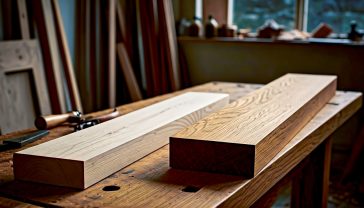 A hyper-realistic, professional photograph in the style of a high-end interior design magazine. The shot captures a beautifully lit British workshop. On a sturdy oak workbench, there is a neat, side-by-side comparison of a plank of pale, knotty softwood (Scots Pine) and a plank of rich, golden-brown hardwood (English Oak). The grain of each is clearly visible. Soft, natural light streams in from a window, highlighting wood shavings and a few traditional hand tools in the background. The mood is warm, authentic, and inspiring.