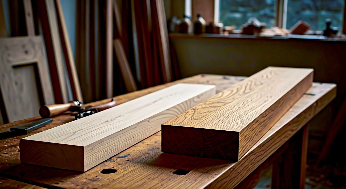 A hyper-realistic, professional photograph in the style of a high-end interior design magazine. The shot captures a beautifully lit British workshop. On a sturdy oak workbench, there is a neat, side-by-side comparison of a plank of pale, knotty softwood (Scots Pine) and a plank of rich, golden-brown hardwood (English Oak). The grain of each is clearly visible. Soft, natural light streams in from a window, highlighting wood shavings and a few traditional hand tools in the background. The mood is warm, authentic, and inspiring.