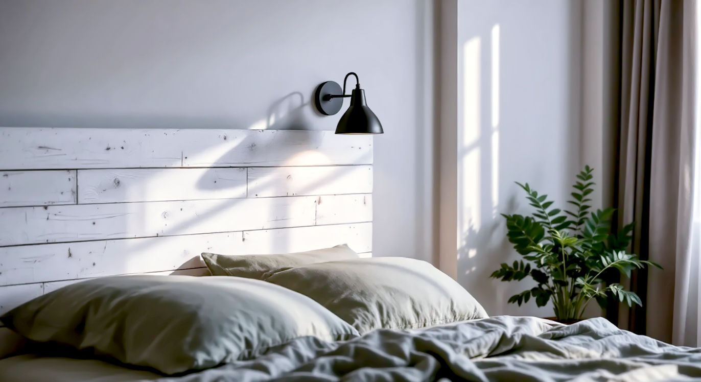An elegant, atmospheric photograph in the style of Elle Decoration UK. The image captures a serene bedroom scene focused on the pallet wood headboard. The whitewashed planks of the headboard provide a stunning textural backdrop to a bed dressed in simple, high-quality linen bedding in a muted sage green. A single, minimalist black wall lamp is mounted on the headboard, casting a soft, warm pool of light. The early morning light filters gently through a sheer curtained window. The mood is tranquil, minimalist, and chic with a rustic touch.
