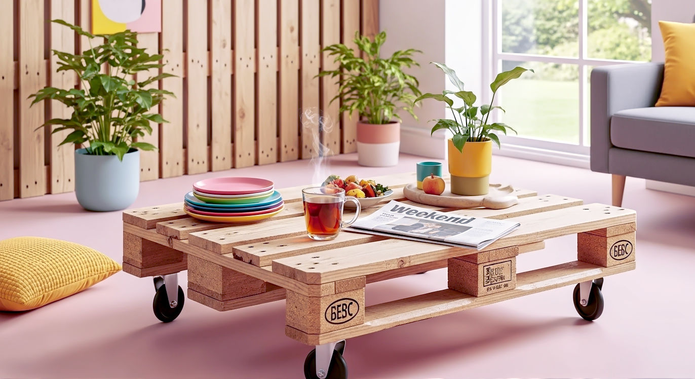 A hyper-realistic, professional photograph in the style of a Grand Designs Magazine feature. The image shows a stylish, rustic pallet wood coffee table as the centrepiece of a cosy, modern British living room. On the table is a steaming mug of tea and a copy of a weekend newspaper. In the background, there's a hint of a feature wall made from the same pallet wood, and soft, natural light is streaming in from a window overlooking a green garden. The mood is warm, aspirational, and achievable.