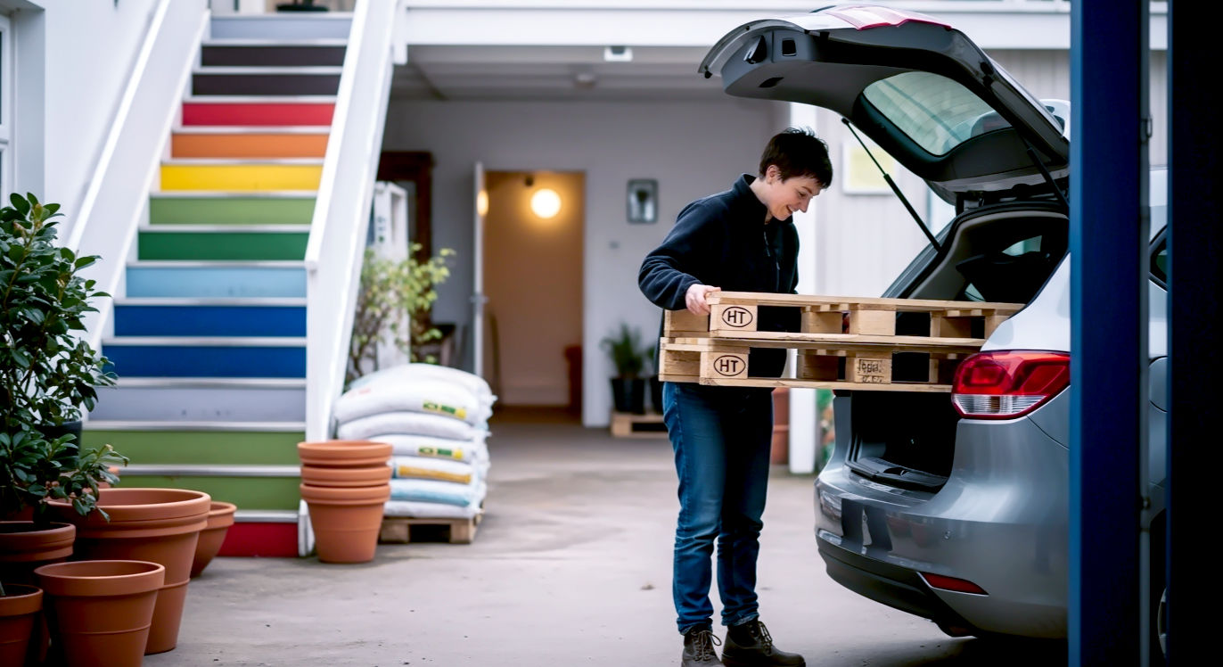A hyper-realistic photograph in the candid, reportage style of The Guardian Weekend magazine. The image captures a person in practical clothing (jeans and a fleece) successfully sourcing a pallet. They are stood by the open boot of their car in the service yard of an independent British garden centre, with terracotta pots and bags of compost in the blurred background. They are inspecting the 'HT' stamp on a clean, promising-looking wooden pallet with a satisfied expression. The lighting is soft, overcast British daylight, evoking a sense of a successful weekend morning treasure hunt. The mood is resourceful, thrifty, and optimistic.