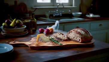 A hyper-realistic, professional photograph in the style of a delicious. magazine feature. The scene is a rustic but bright British kitchen with muted, Farrow & Ball-style grey-green cabinets. In the centre of a worn oak countertop sits a stunning, large olive wood chopping board with a dramatic, swirling grain. On the board are artisanal sourdough bread, a chunk of mature cheddar, and a sprig of fresh rosemary. The lighting is soft and natural, coming from a nearby window, creating gentle highlights on the wood's oily sheen. The mood is warm, inviting, and quietly luxurious, evoking a sense of timeless quality and appreciation for natural materials.